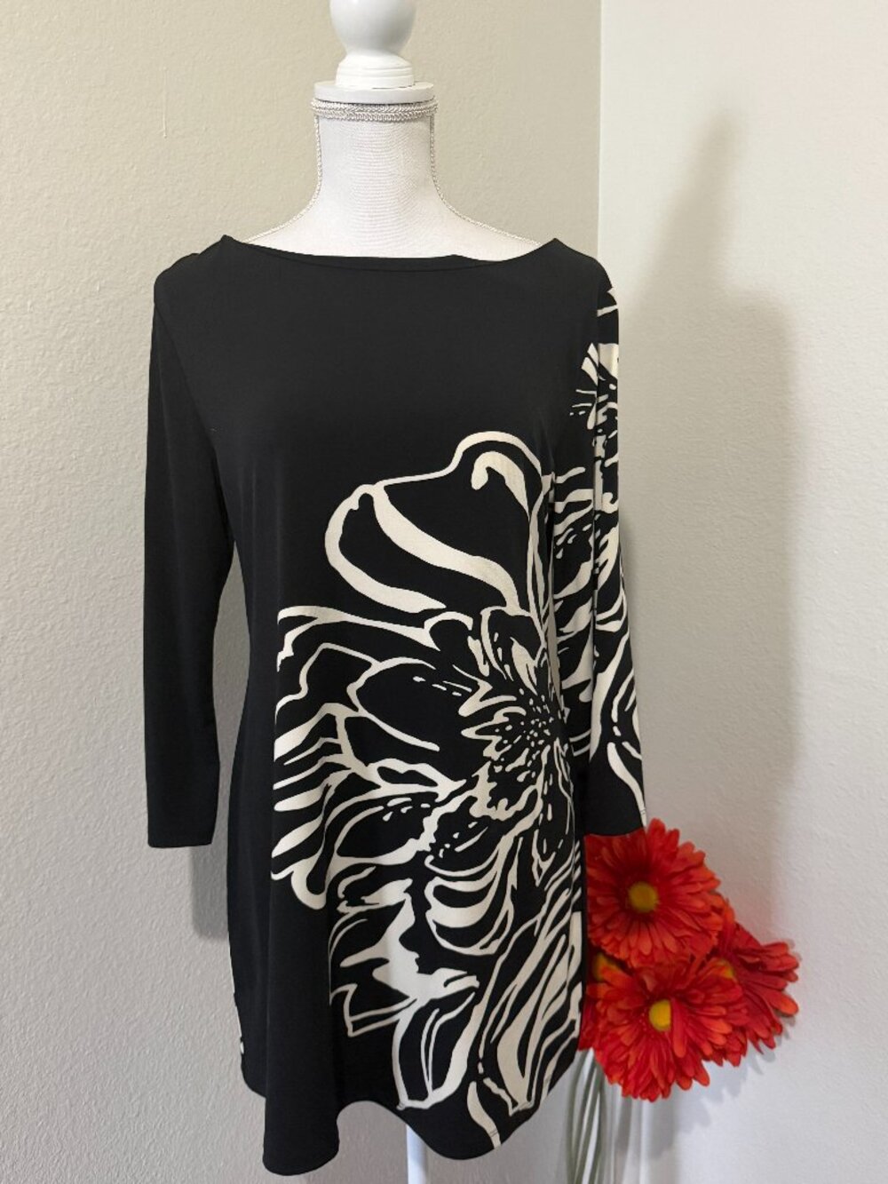 Style & Co Black Ivory Floral Tunic Dress L